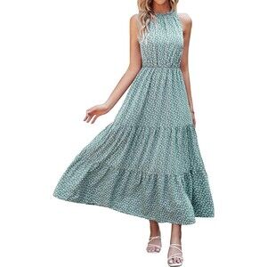 Halter Neck Sleeveless Elastic Waist Boho Floral Ruffle Beach Sundress Sz M